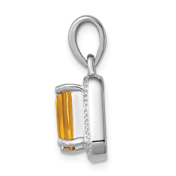 925 Sterling  Silver Rhodium Emerald-cut Citrine & Diamond Charm Pendant - Picture 2 of 4